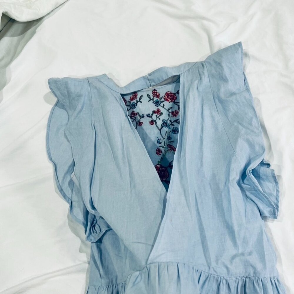 Zara Light Blue Beaded Floral Embroidery Ruffle Sleeveless Blouse with Open Back - Picture 7 of 9